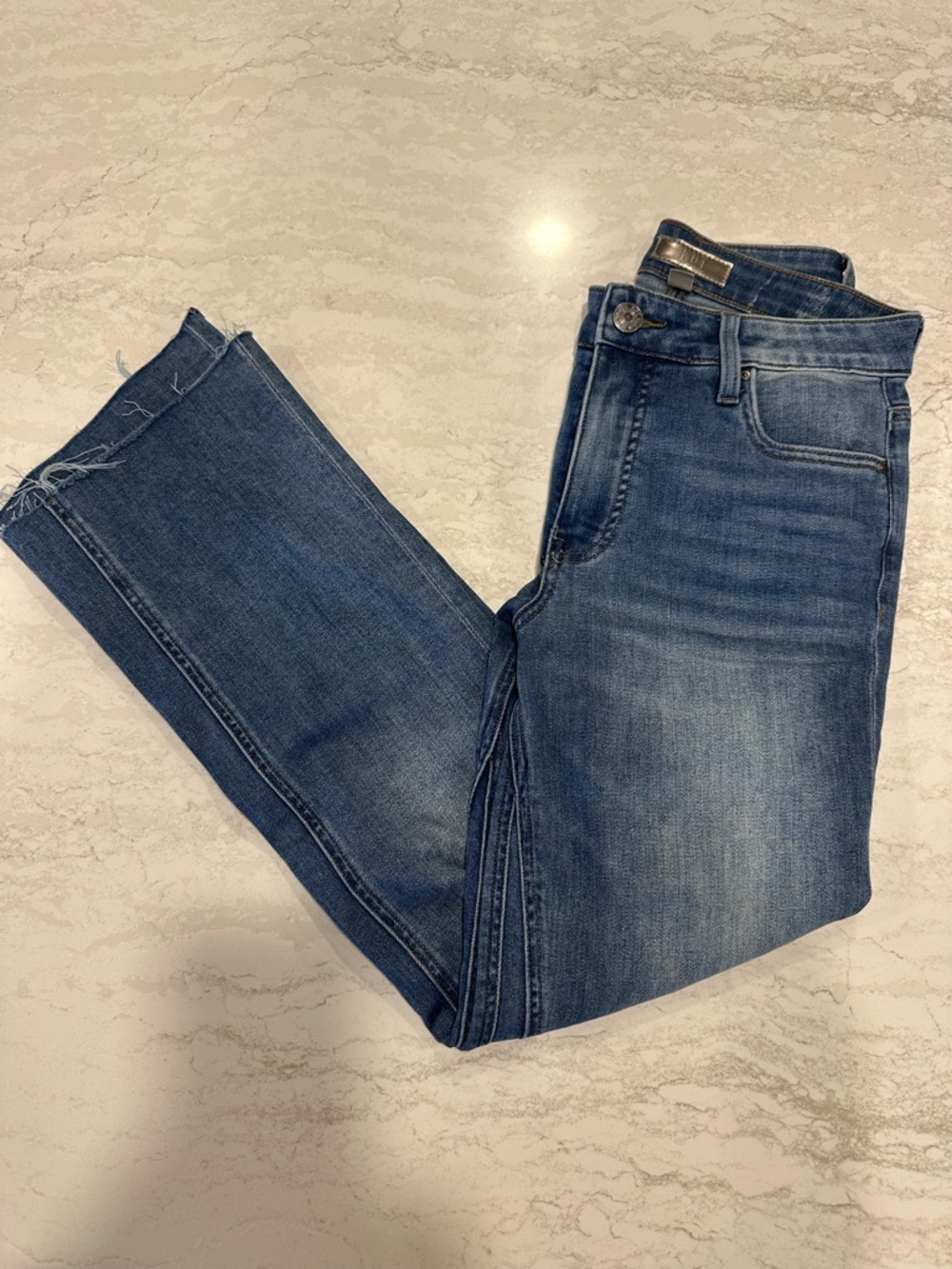 Kut from the Kloth Medium Blue Cropped Straight Jeans with Raw Hem